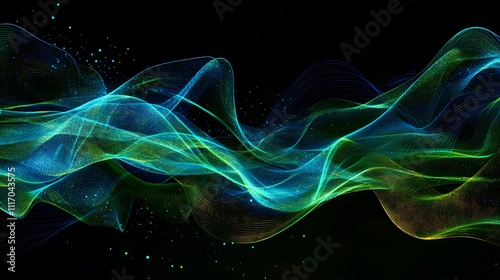 Digital Flow: Blue and green lights form flowing, curving lines, with bright points of light darting and changing positions, creating the illusion of data racing through a digital space 