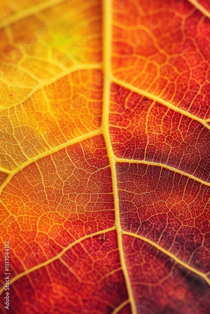 Obraz premium A close-up view of a vibrant autumn leaf showcasing intricate details.