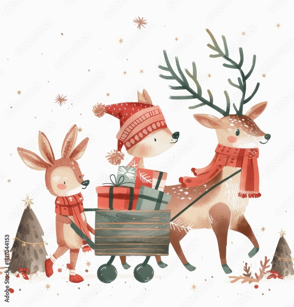 Fototapeta premium Cute Christmas animals illustration: Deer and rabbit pulling gifts, festive design in red color palette with white background and pastel tones