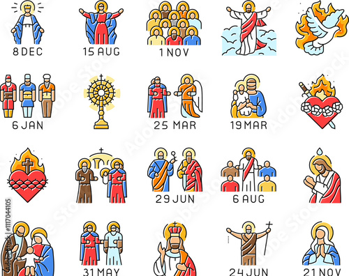 catholic holidays church easter icons set vector. christian religion, god prayer, religious decor, heaven candle, bible catholic holidays church easter color line illustrations