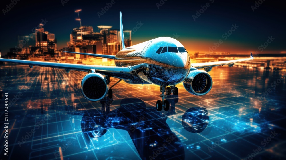 Fototapeta premium Airplane and tech visualization emphasizing integration of AI, smart sensors, and real-time data in aviation