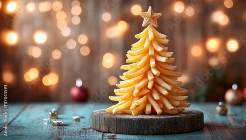 Whimsical Christmas Tree Made of Golden French Fries on Rustic Wooden Table