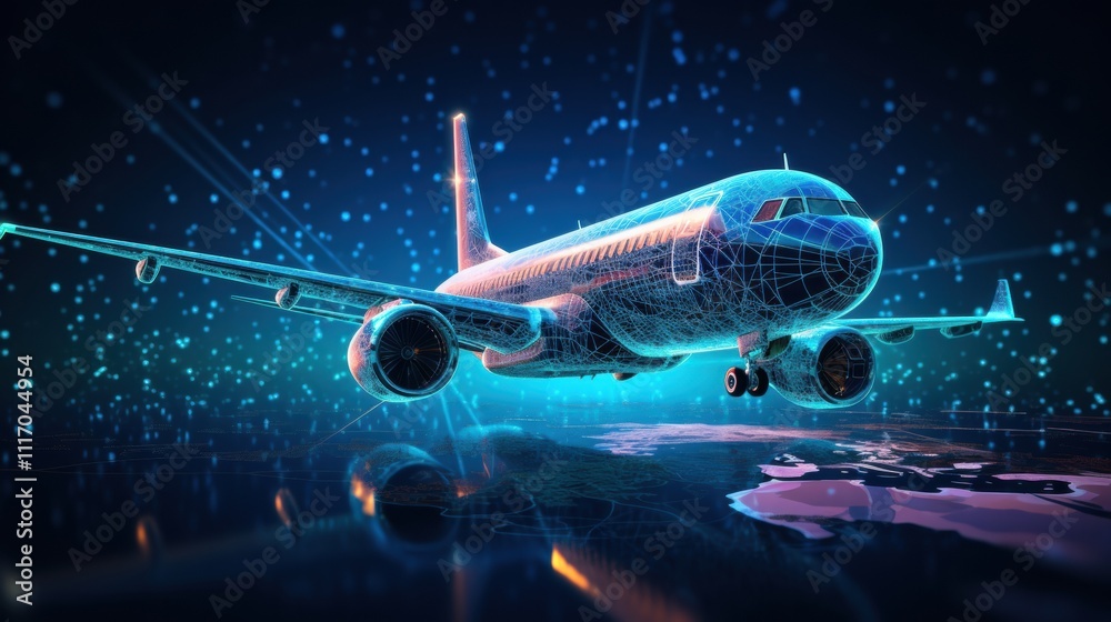 Airplane with digital effects, surrounded by data streams and holographic routes connecting global destinations