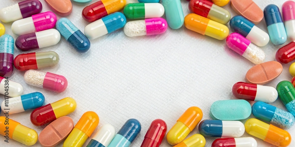 Colorful antimicrobial capsule pills arranged in a circular pattern on a transparent background, colorful, technology, health, multicolored Colorful antimicrobial capsule pills arranged in a circular pattern on a transparent background, colorful, technology, health, multicolored