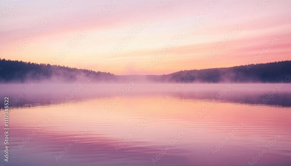 Obraz premium Serene lake at dawn, reflecting soft pastel colors and mist.