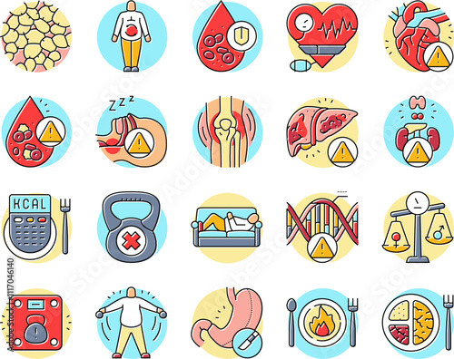obesity overweight fat obese icons set vector. weight body, woman belly, diet lifestyle, health person, loss healthy, fit obesity overweight fat obese color line illustrations