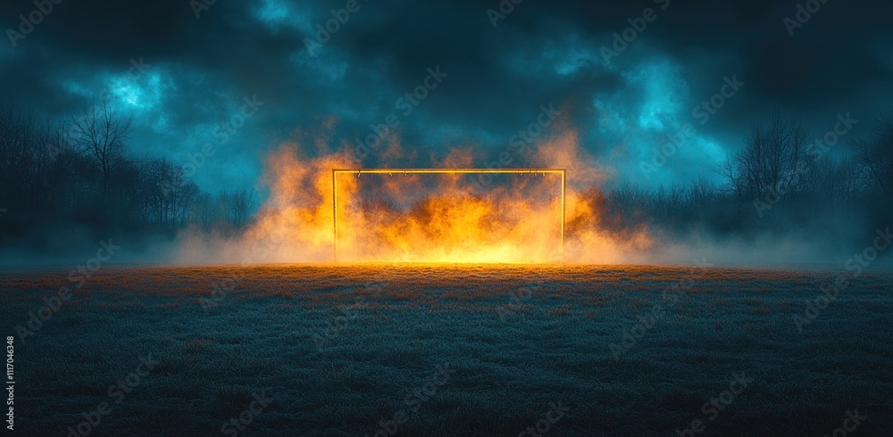 Obraz premium Dramatic American Football Field Under Stormy Sky with Lightning and Mist