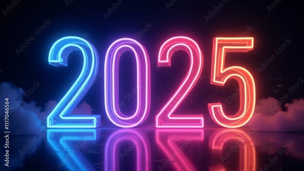 Neon 2025 glowing in vivid blue, pink, and yellow with a dark, smoky background. A bold, futuristic celebration of the New Year. Neon 2025 glowing in vivid blue, pink, and yellow with a dark, smoky background. A bold, futuristic celebration of the New Year.