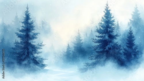 Serene Winter Landscape with Pine Trees Abstract Watercolor Illustration