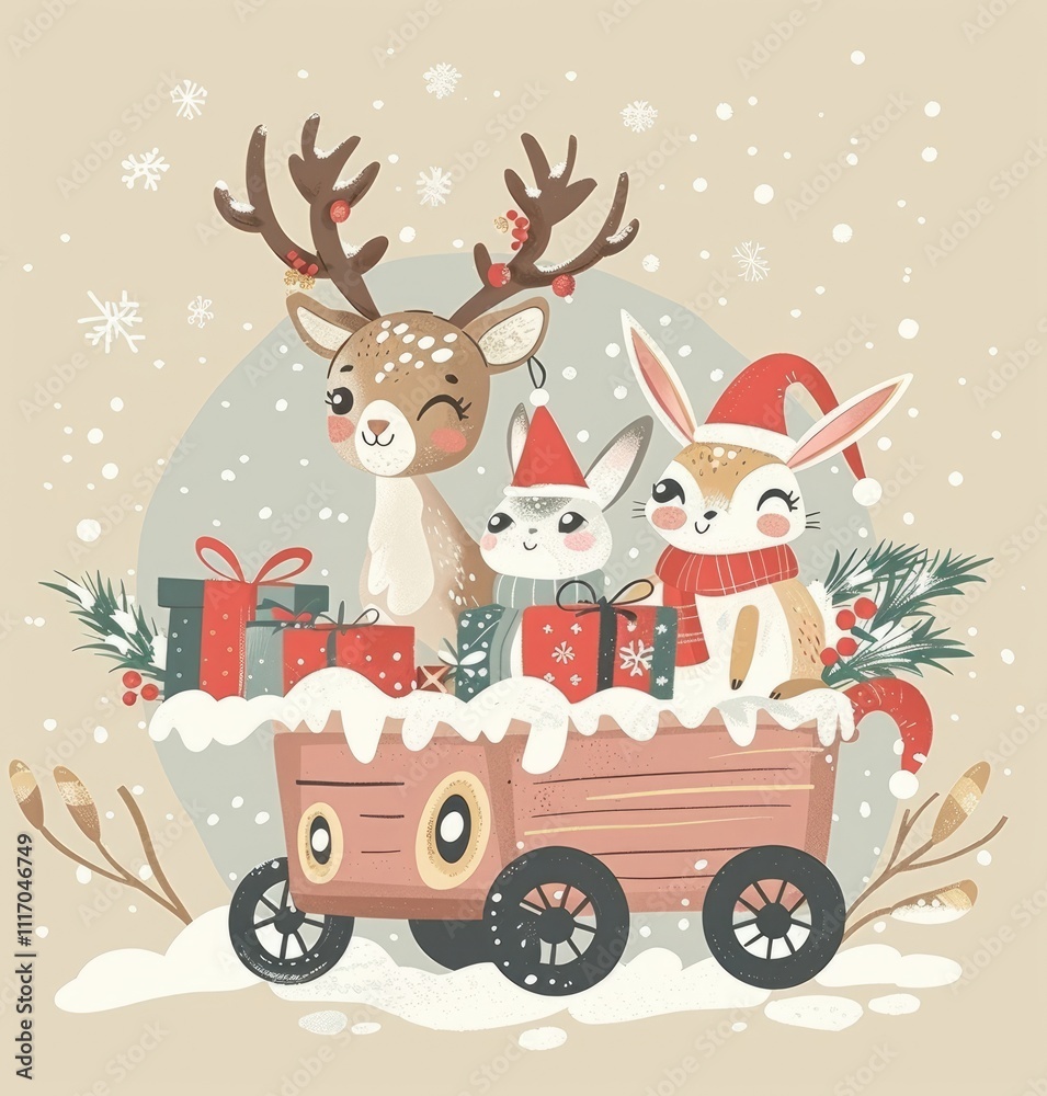Fototapeta premium Holiday winter scene: Christmas Card animals, reindeer in scarf, bunnies, and gift cart with snowflakes, pastel tones, and beige Christmas design