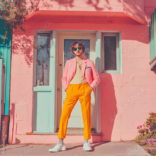 A person stands confidently in front of a pastel pink building with mint green accents, wearing a pink jacket, yellow shirt, orange pants, and white shoes, creating a vibrant and stylish look.