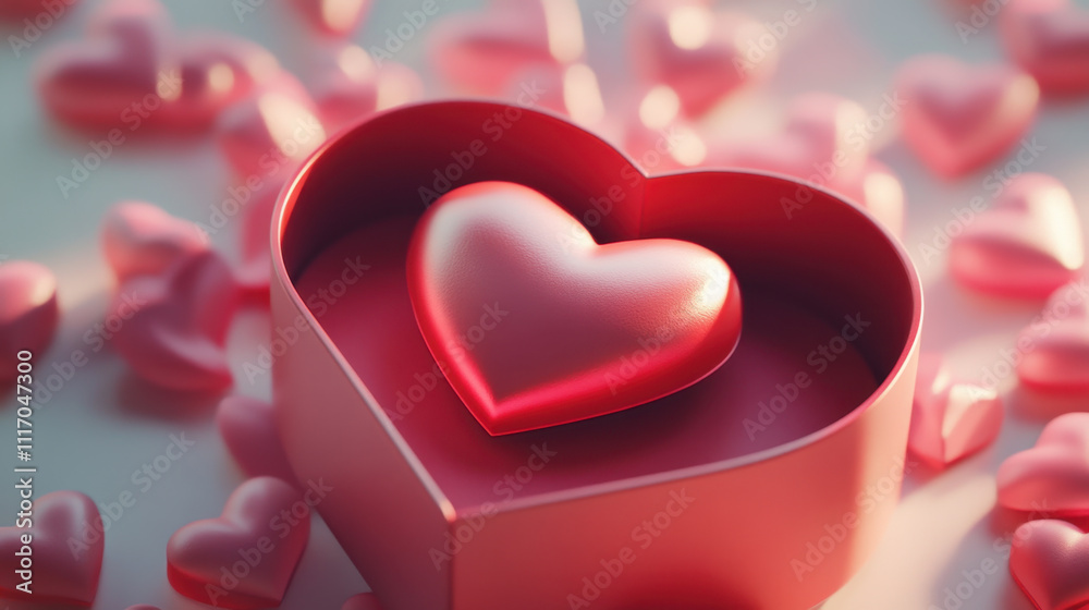3D illustration of open red heart box with shiny heart inside, surrounded by smaller pink hearts, evokes feelings of love and affection