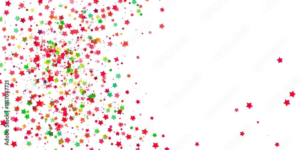 Colorful star confetti explosion in a gradient of red and green hues on a neutral white background, christmas, seasonal decorations, sparkling lights Colorful star confetti explosion in a gradient of red and green hues on a neutral white background, christmas, seasonal decorations, sparkling lights