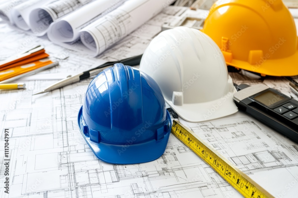 Safety helmets stacked on table with blueprints and measuring tools at construction site Safety helmets stacked on table with blueprints and measuring tools at construction site