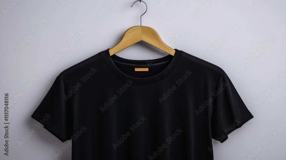 black t shirt hanging on wooden hanger against light background, showcasing its smooth fabric and simple design. Perfect for casual wear or layering black t shirt hanging on wooden hanger against light background, showcasing its smooth fabric and simple design. Perfect for casual wear or layering