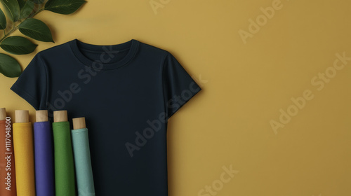dark t shirt is displayed alongside colorful fabric rolls on yellow background, creating vibrant and creative atmosphere. Perfect for fashion and design inspiration
