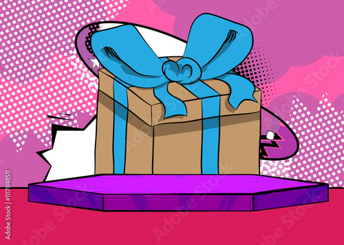 Comic Book Product podium stage for mockup presentation with Gift Box. Retro comics background.