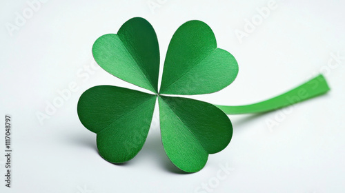 vibrant green four leaf clover made of paper, symbolizing luck and good fortune. Its heart shaped leaves are beautifully arranged, creating charming and whimsical appearance