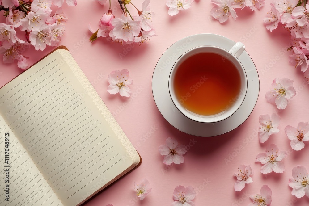 A cup of tea on a pink background surrounded by delicate cherry blossom petals A cup of tea on a pink background surrounded by delicate cherry blossom petals