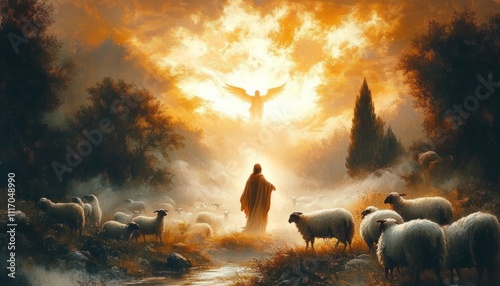Angelic Figure in Misty Landscape with Shepherds and Sheep