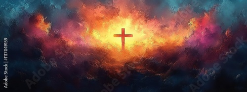 Glowing Cross in Ethereal Landscape with Warm and Cool Colors, Impressionist Style, Dramatic Backlighting, Spiritual Scene