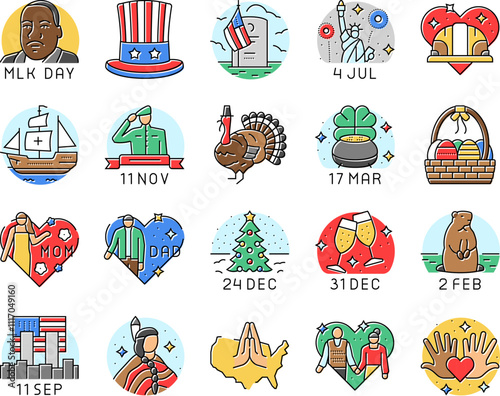 usa holiday american national day icons set vector. america happy, united, independence july, memorial, fourth, culture veteran, freedom usa holiday american national day color line illustrations