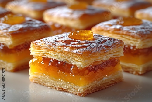 A close-up shot of several flaky pastries filled with a bright orange fruit filling and topped with a jewel-toned jelly.