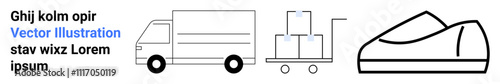 Delivery truck, cargo cart with boxes, and shipping container represent logistics, transportation, storage, packaging, and e-commerce. Ideal for supply chain, freight, inventory, online shopping