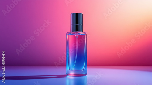 sleek bottle of high end skincare product with gradient design, showcasing vibrant colors of blue and pink. elegant packaging reflects luxury and sophistication