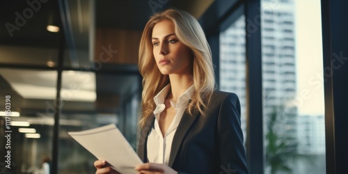 Business woman in corporate office setting, holding a clipboard and reviewing documents with a focused expression