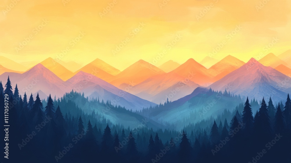 Obraz premium Colorful mountain range landscape at sunrise or sunset, with silhouettes of evergreen forest at base.