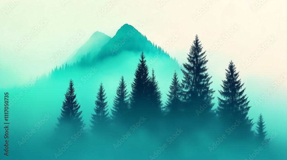 Fototapeta premium Misty Forest with Mountain Peaks in Background