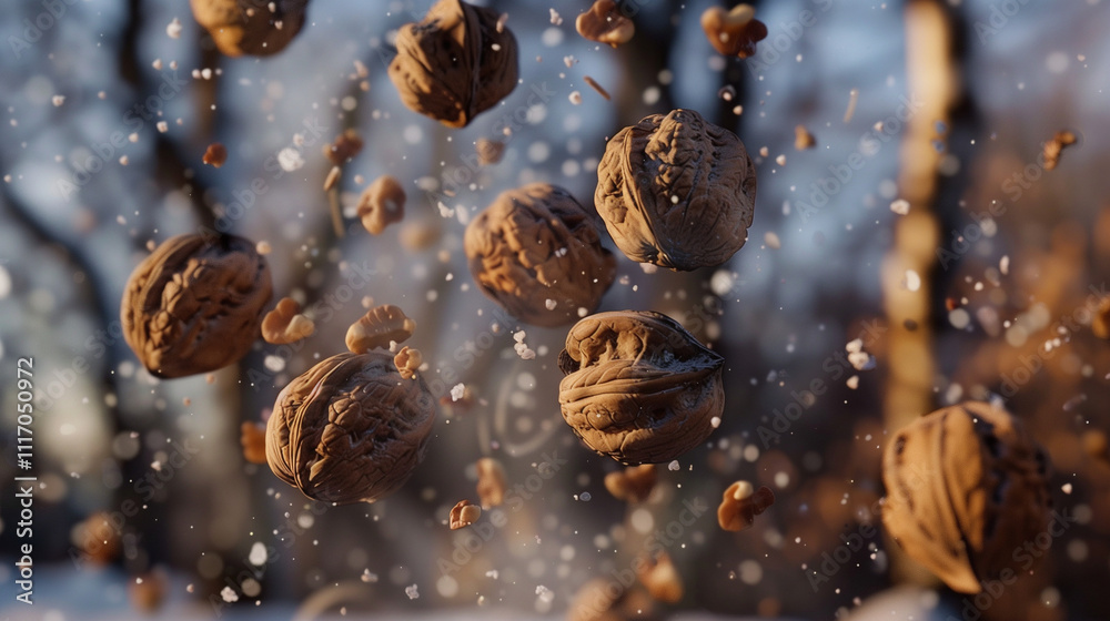Several walnuts with hard shells are frozen in mid air, showcasing their texture and natural beauty Several walnuts with hard shells are frozen in mid air, showcasing their texture and natural beauty
