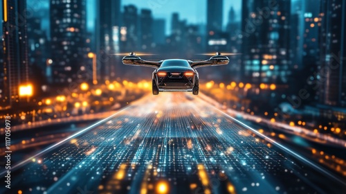 Futuristic flying car above a city highway at night.