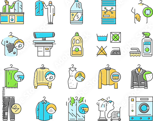 dry cleaning laundry wash service icons set vector. shirt care, business clothes, cleaning iron, textile laundromat, fabric, room washer dry cleaning laundry wash service color line illustrations