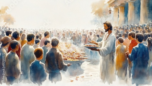 Jesus Feeds the 5000 Miracle of Compassion Sharing Community Abundance Faith Nourishment Generosity Biblical Gathering Oneness