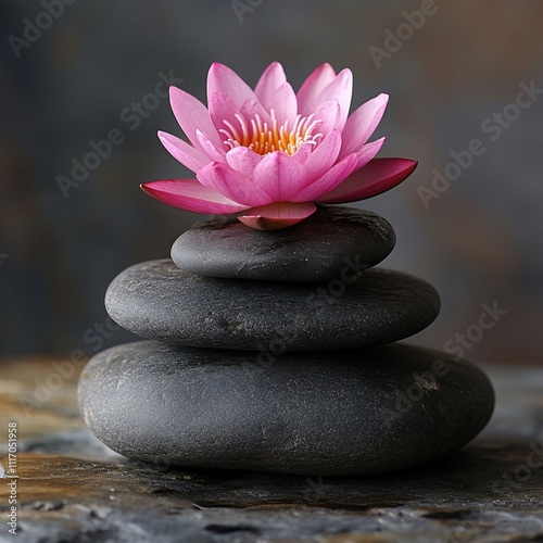 Serene Spa Setting with Stacked Rocks and Pink Lotus Flower