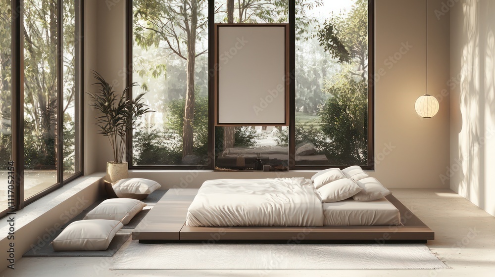 Fototapeta premium Isometric view of a modern bedroom with natural light and minimalist decor.