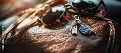 Sunglasses and keys rest on a brown leather bag.