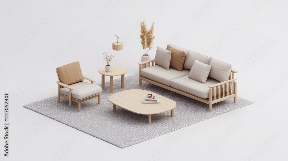 3D render of a minimalist living room with wooden furniture in warm tones.