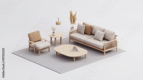 Obraz na płótnie 3D render of a minimalist living room with wooden furniture in warm tones. w salonie