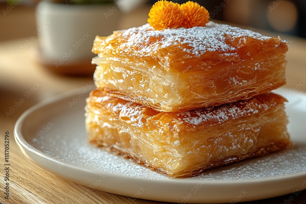 Two squares of flaky pastry, dusted with powdered sugar and topped with a flower, sit on a white plate. Two squares of flaky pastry, dusted with powdered sugar and topped with a flower, sit on a white plate.