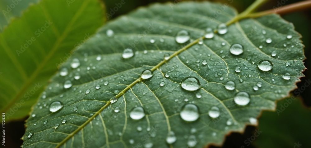 Macro view of water droplets on leaf veins with blur Macro view of water droplets on leaf veins with blur