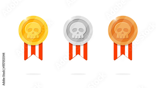 Gaming achievement award medal badge set with skull symbol and red striped ribbon. Gold, silver, bronze ranking medallion in pirate theme. Perfect for game leader bonus animation. Winner place prize