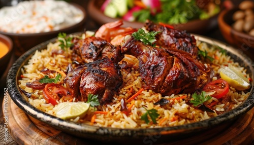 A vibrant platter of spiced rice and grilled chicken garnished with herbs.