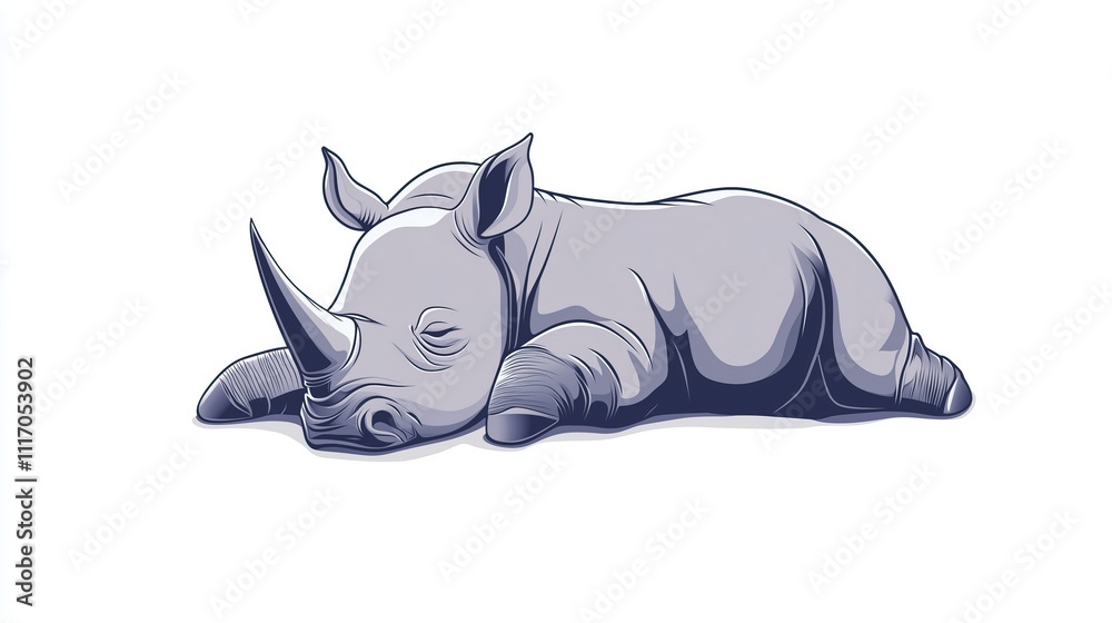 Fototapeta premium Cute sleeping rhinoceros 2D Logo on a white background