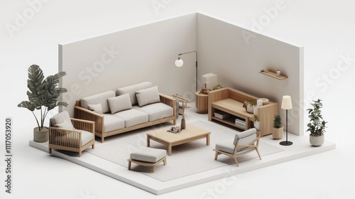 Warm 3D living room design with wooden furniture, soft lighting, and beige tones.