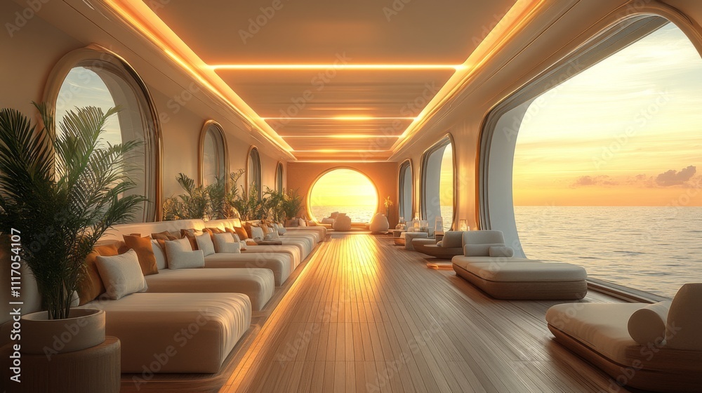 Obraz premium The cozy lounge area boasts plush sofas, soft lighting, and large windows showcasing a breathtaking sunset over the ocean, creating a tranquil atmosphere.