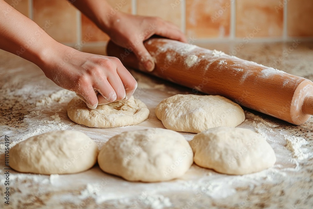 Rolling Dough with Hands on a Wooden Rolling Pin in a Cozy Kitchen Rolling Dough with Hands on a Wooden Rolling Pin in a Cozy Kitchen