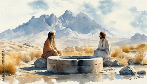 Watercolor Illustration of Jesus and Samaritan Woman at the Well in a Desert Landscape